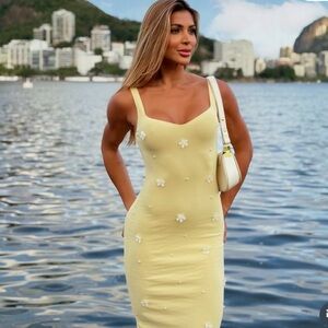 Zara Women’s Sz Medium Elegant Yellow Floral and Pearl Sculpt Fabric Dress NWT